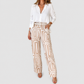 Felicia-Claire | Women’s Blouse and Geometric-Print Pants Set — Beige