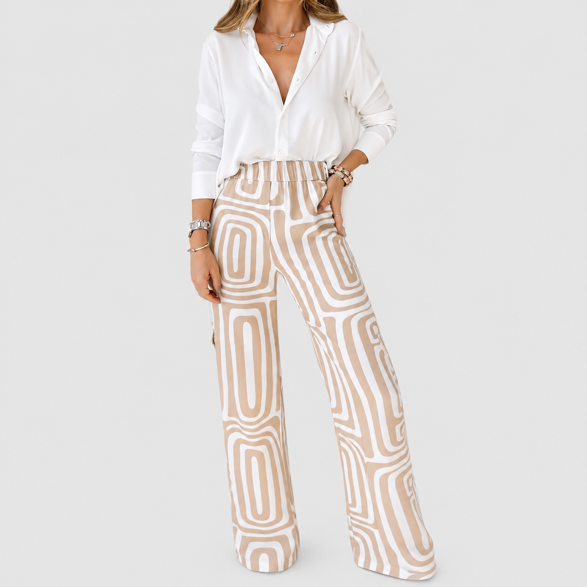 Felicia-Claire | Women’s Blouse and Geometric-Print Pants Set — product detail 3