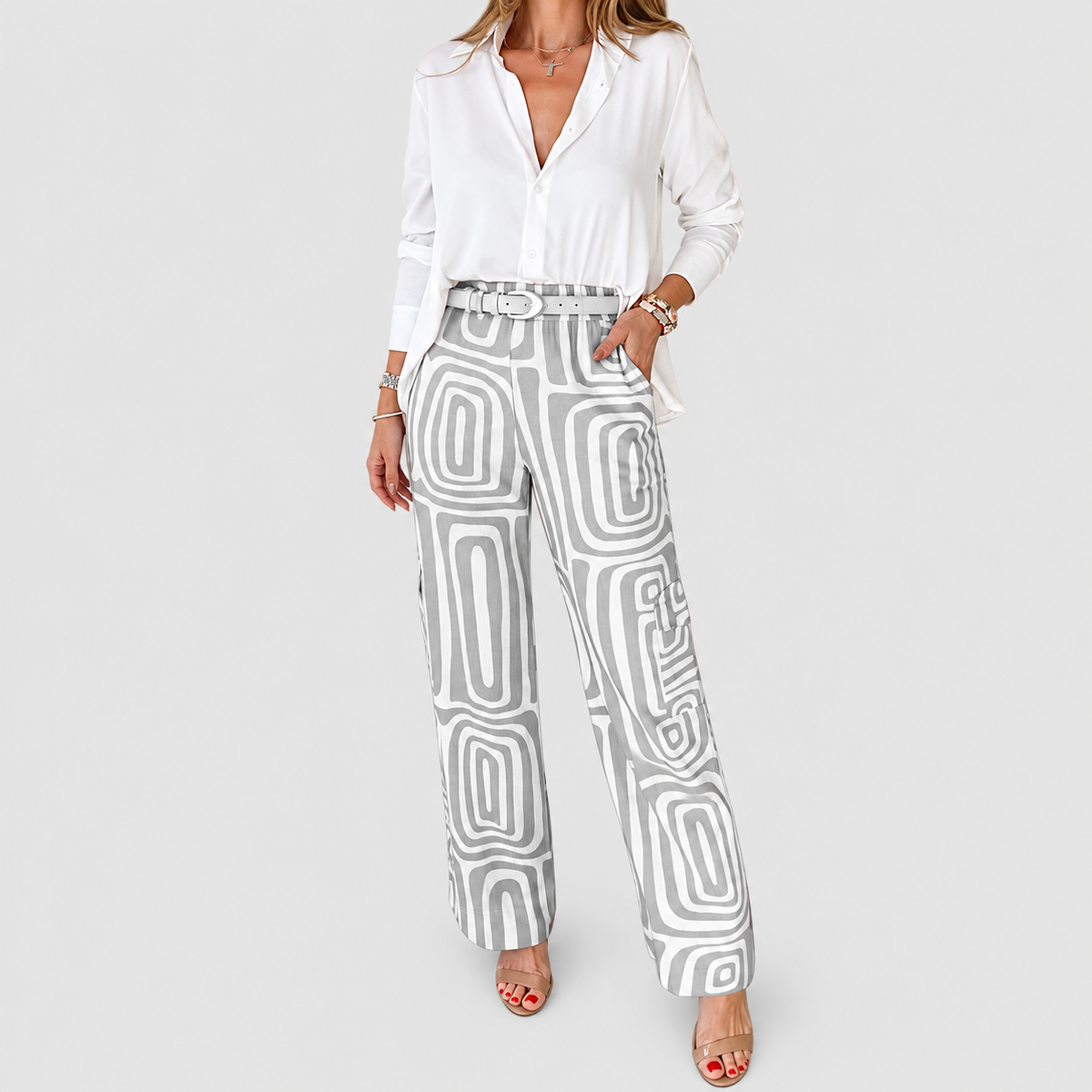 Felicia-Claire | Women’s Blouse and Geometric-Print Pants Set — Grey