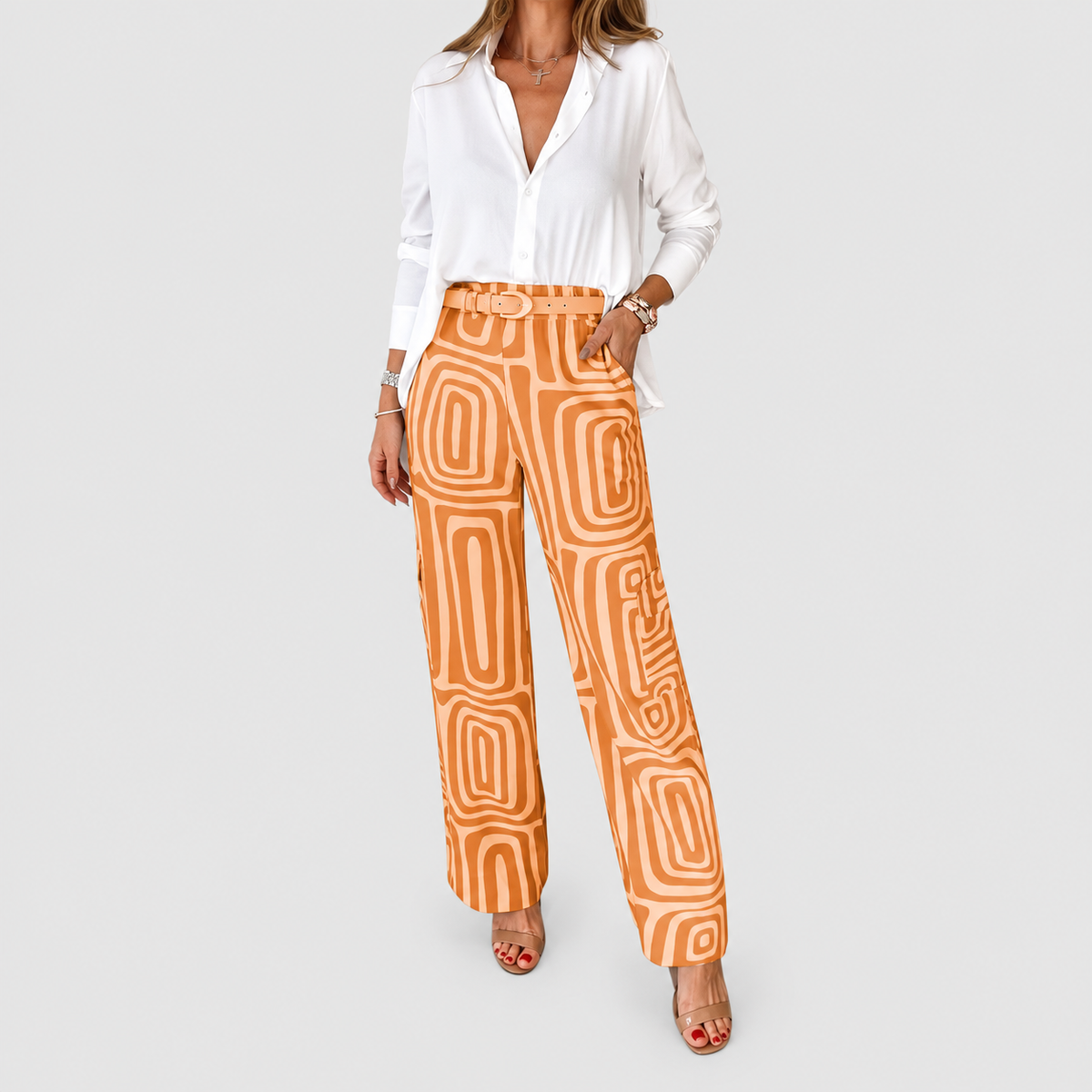 Felicia-Claire | Women’s Blouse and Geometric-Print Pants Set — Orange