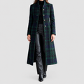 Felicia | Women’s Tartan Longline Coat with Stand Collar — Blackwatch tartan