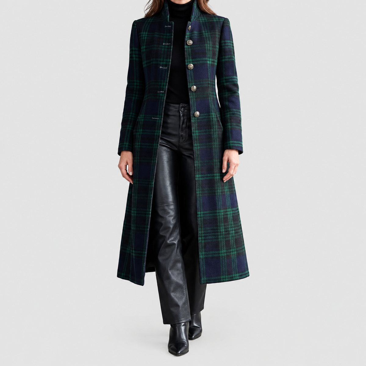 Felicia | Women’s Tartan Longline Coat with Stand Collar — Blackwatch tartan