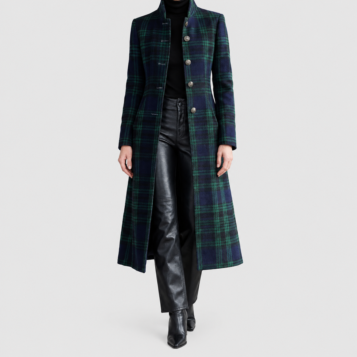 Felicia | Women’s Tartan Longline Coat with Stand Collar — product detail 2