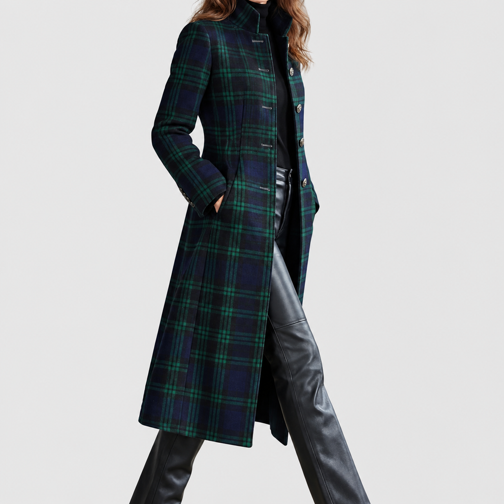 Felicia | Women’s Tartan Longline Coat with Stand Collar — product detail 3