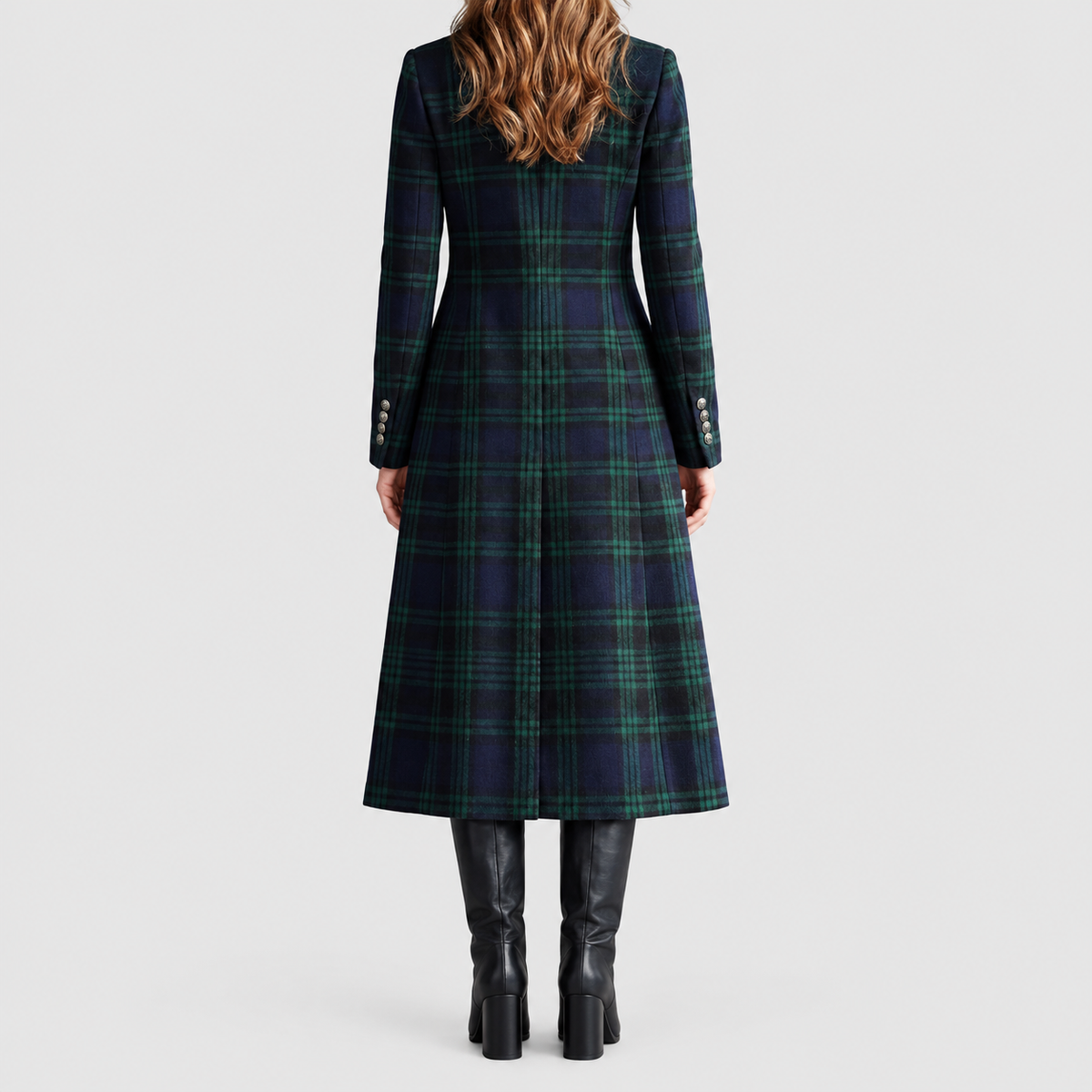 Felicia | Women’s Tartan Longline Coat with Stand Collar — product detail 4