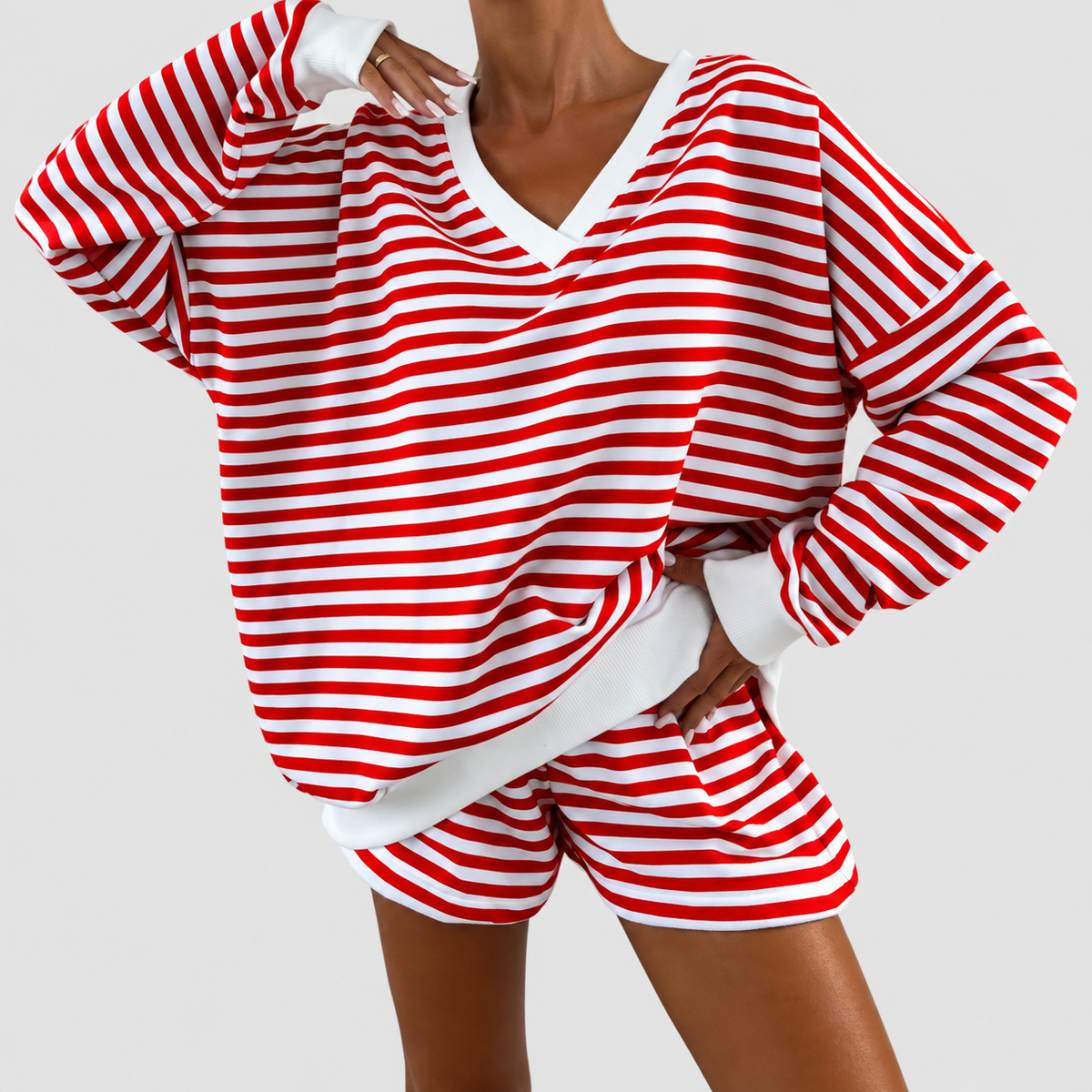 Felicity-Claire | Women’s Striped V-Neck Top and Shorts Lounge Set — Scarlet