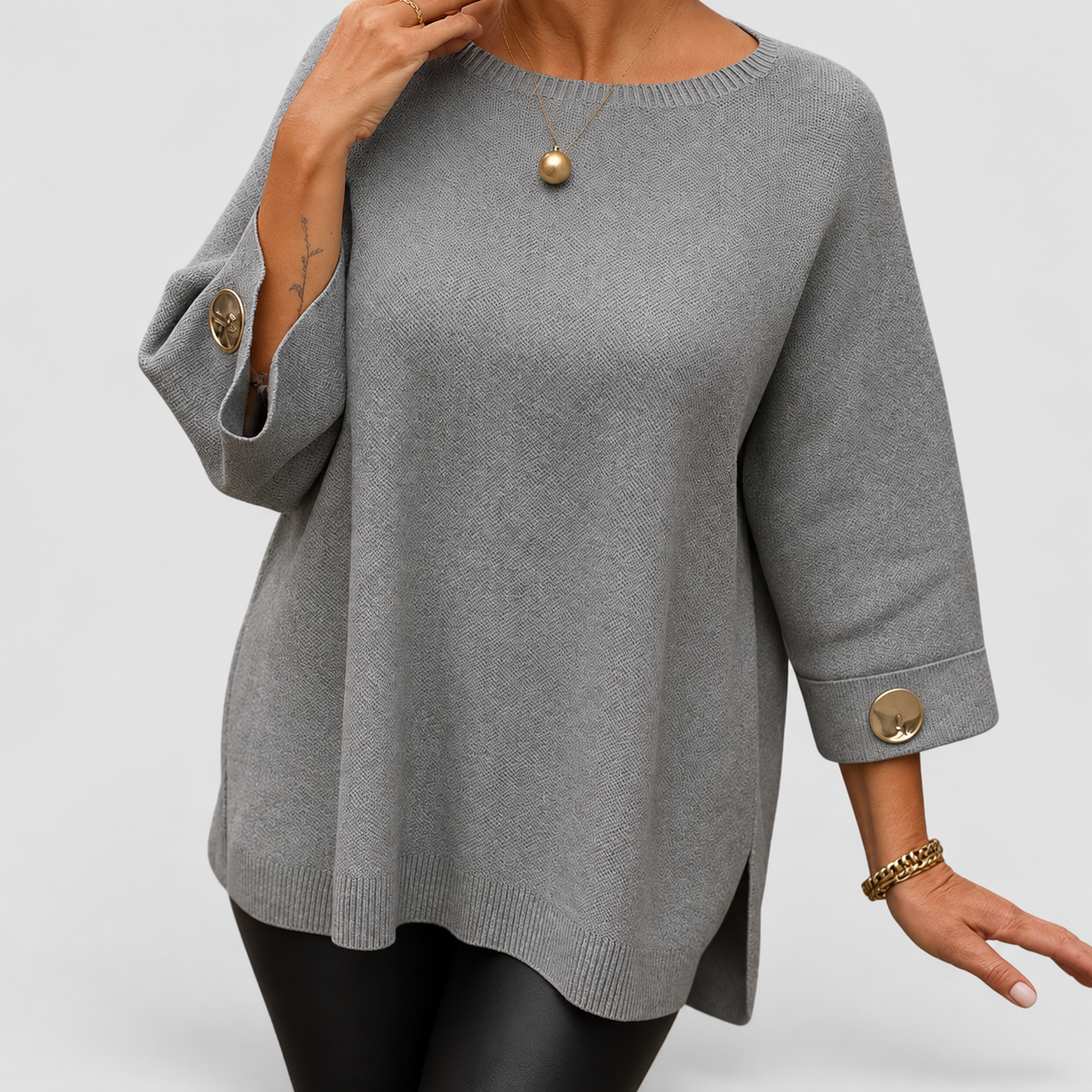 Fenna | Women’s Elegant Button-Detail Sweater — Grey