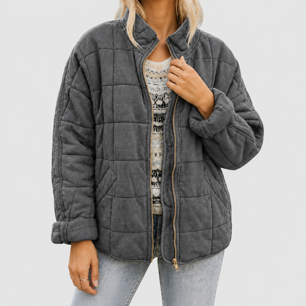 Fiorenza | Women’s Relaxed Quilted Zip-Up Jacket — Dark Grey