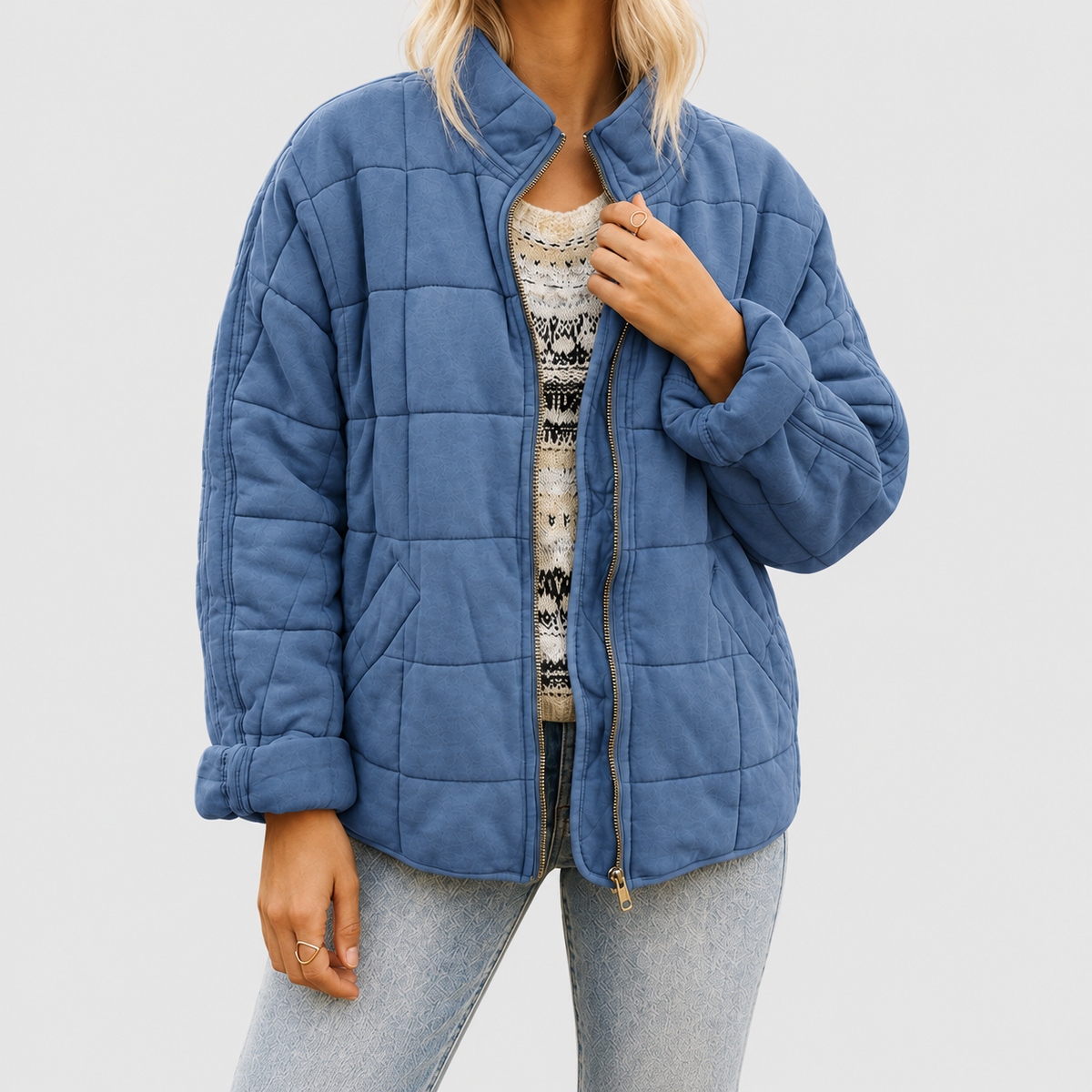 Fiorenza | Women’s Relaxed Quilted Zip-Up Jacket — Blue