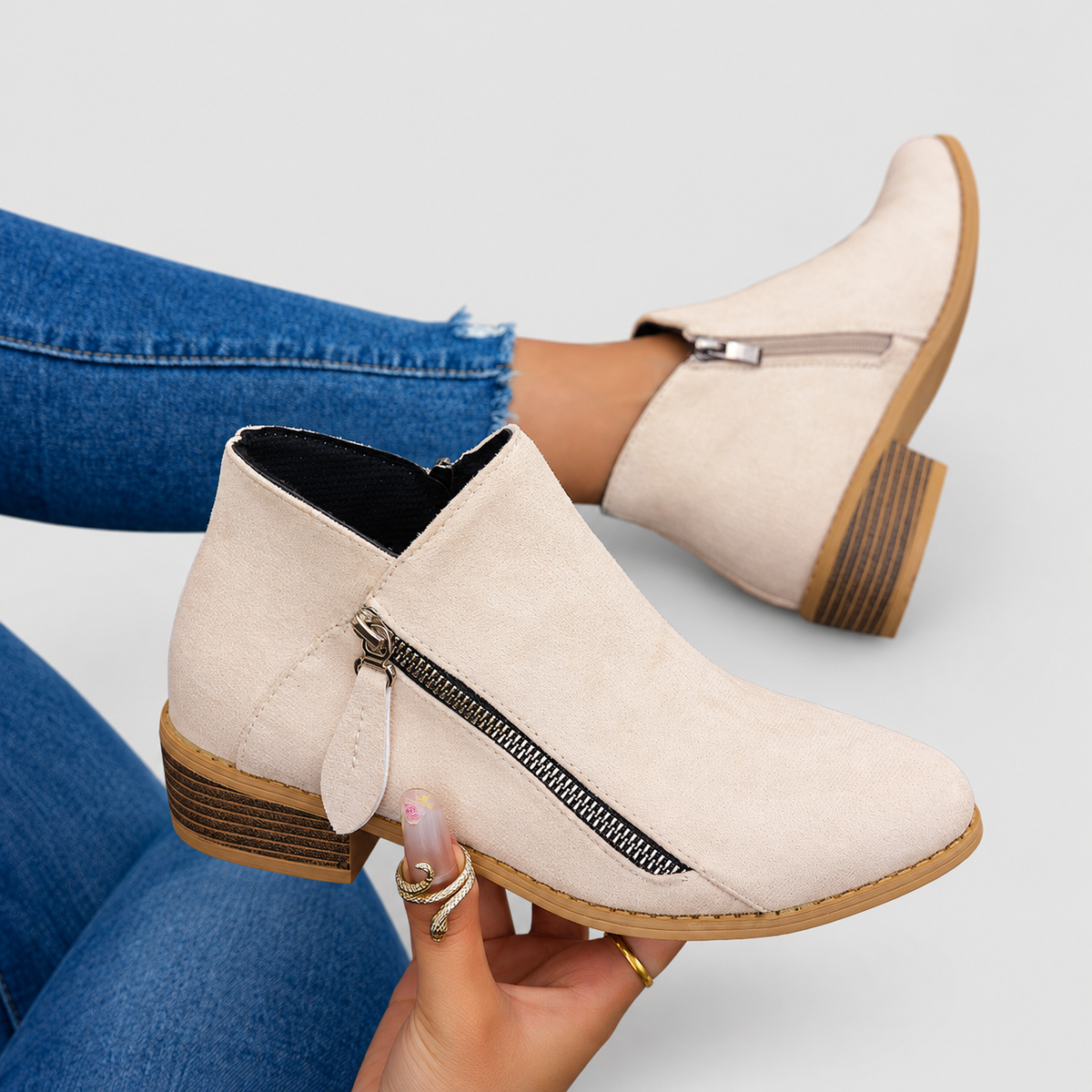 Flavia | Women’s Stacked-Heel Side-Zip Ankle Boots — Beige