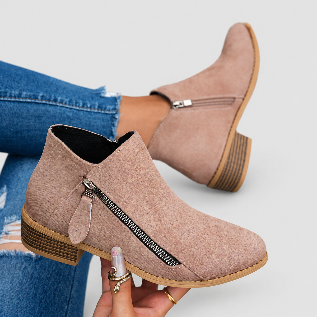 Flavia | Women’s Stacked-Heel Side-Zip Ankle Boots — Khaki