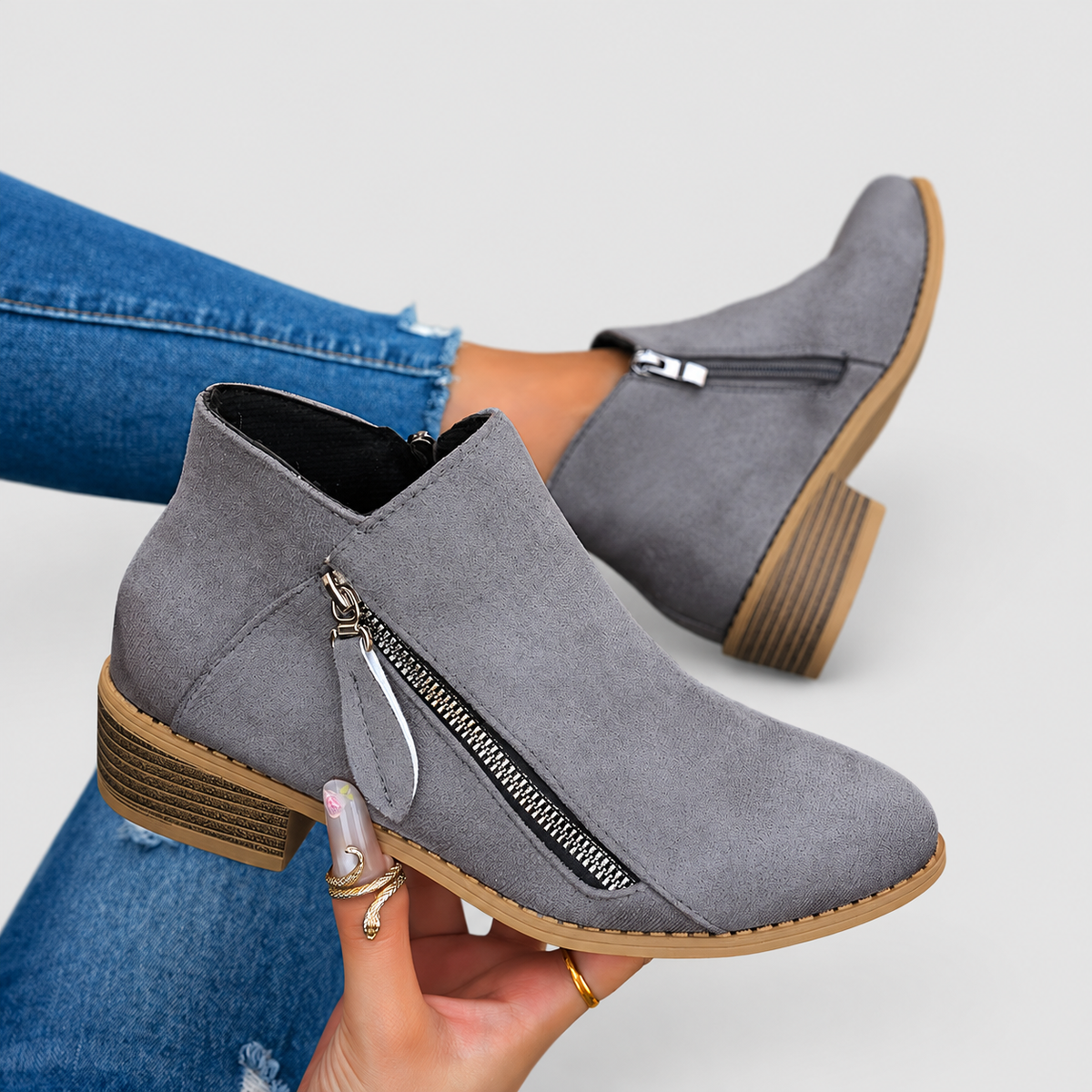 Flavia | Women’s Stacked-Heel Side-Zip Ankle Boots — Grey