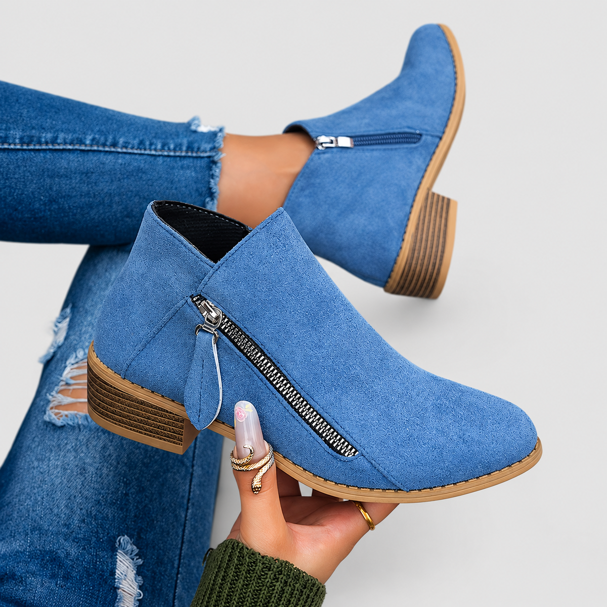 Flavia | Women’s Stacked-Heel Side-Zip Ankle Boots — Blue