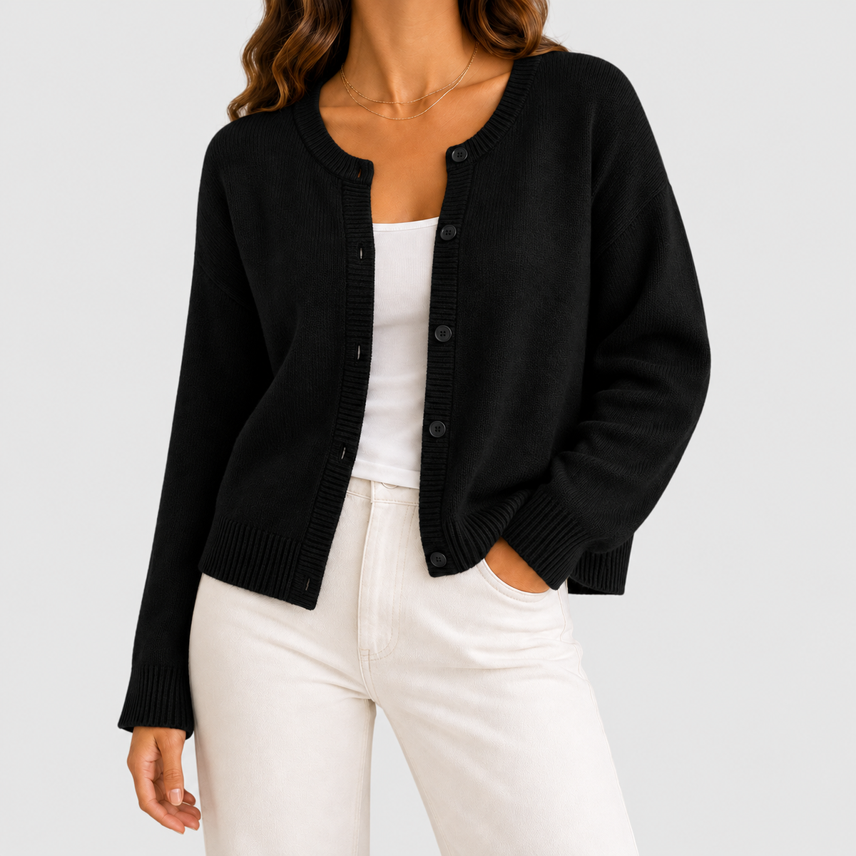 Floriana | Women’s Cropped Knit Button-Front Cardigan — Black