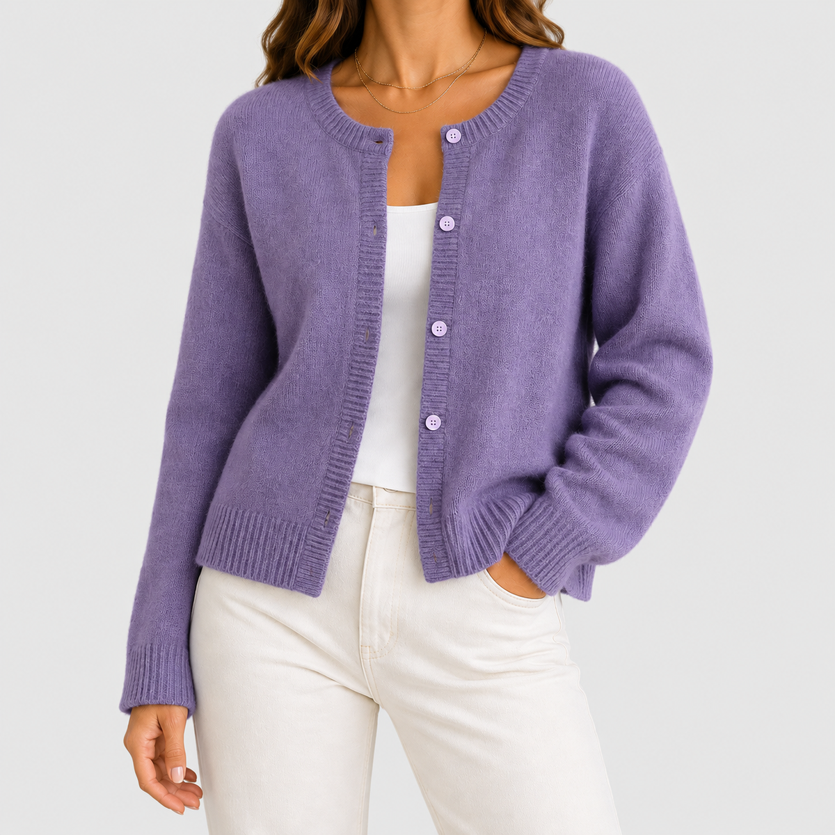 Floriana | Women’s Cropped Knit Button-Front Cardigan — Purple