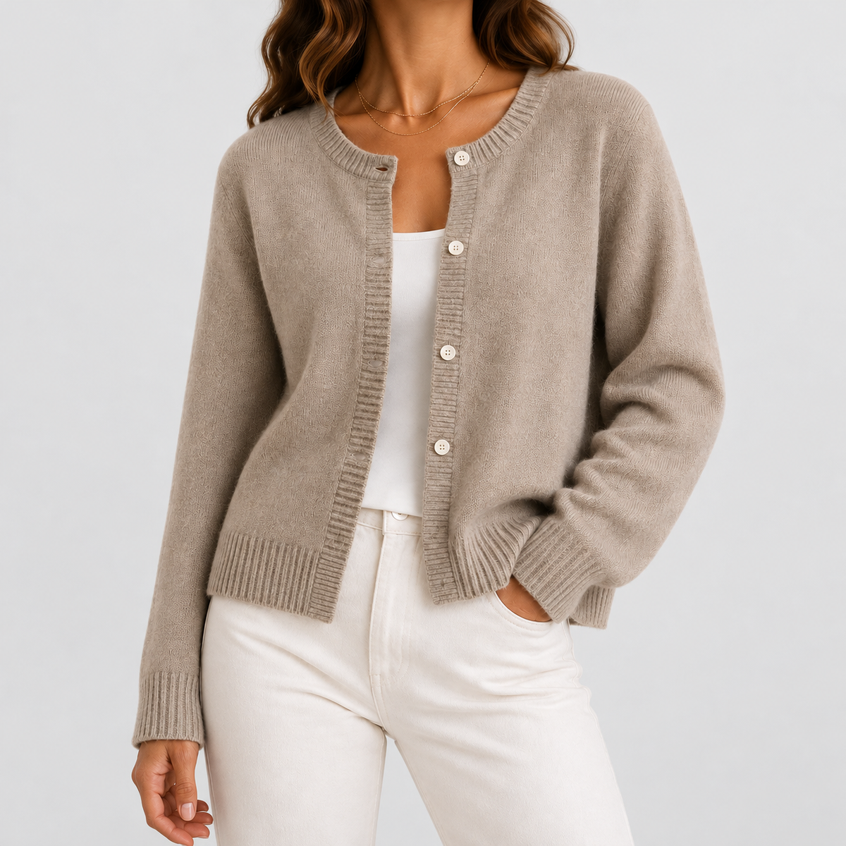 Floriana | Women’s Cropped Knit Button-Front Cardigan — Beige