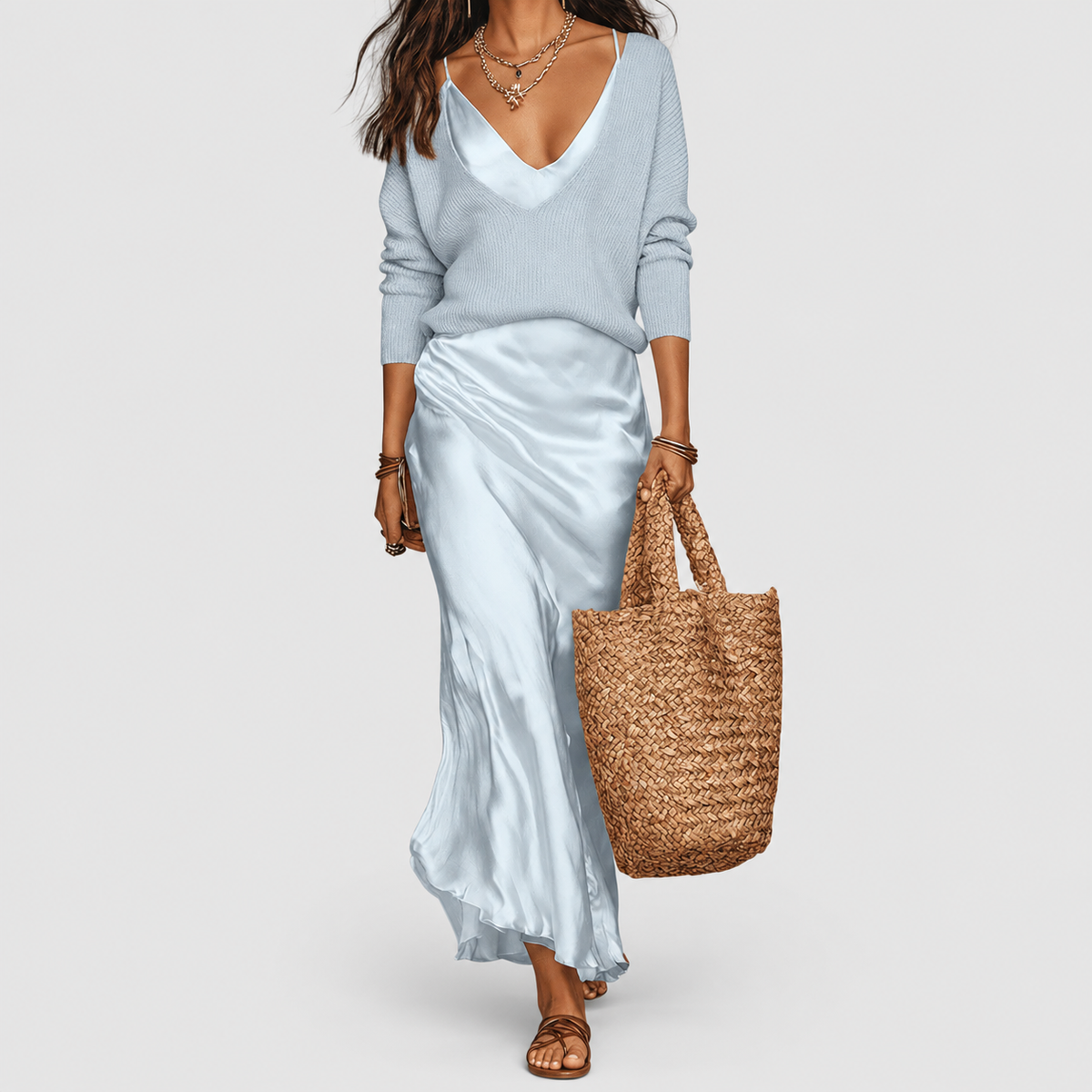 Francine | Women’s Knit and Satin Two-Piece Set — Light Blue