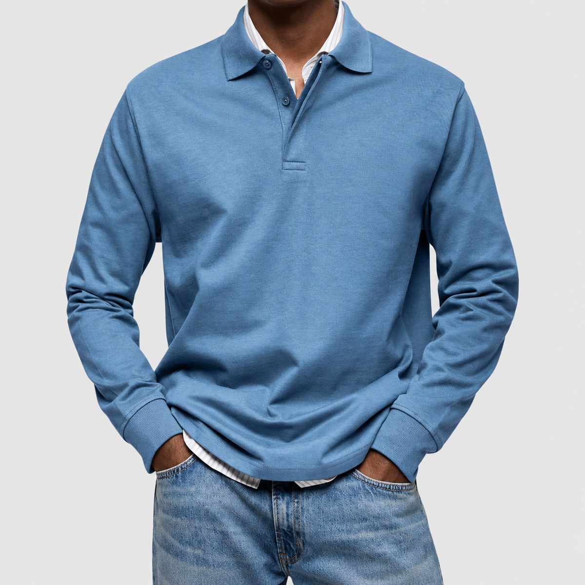 Frederick-James | Men’s Long-Sleeve Polo Shirt — Light blue