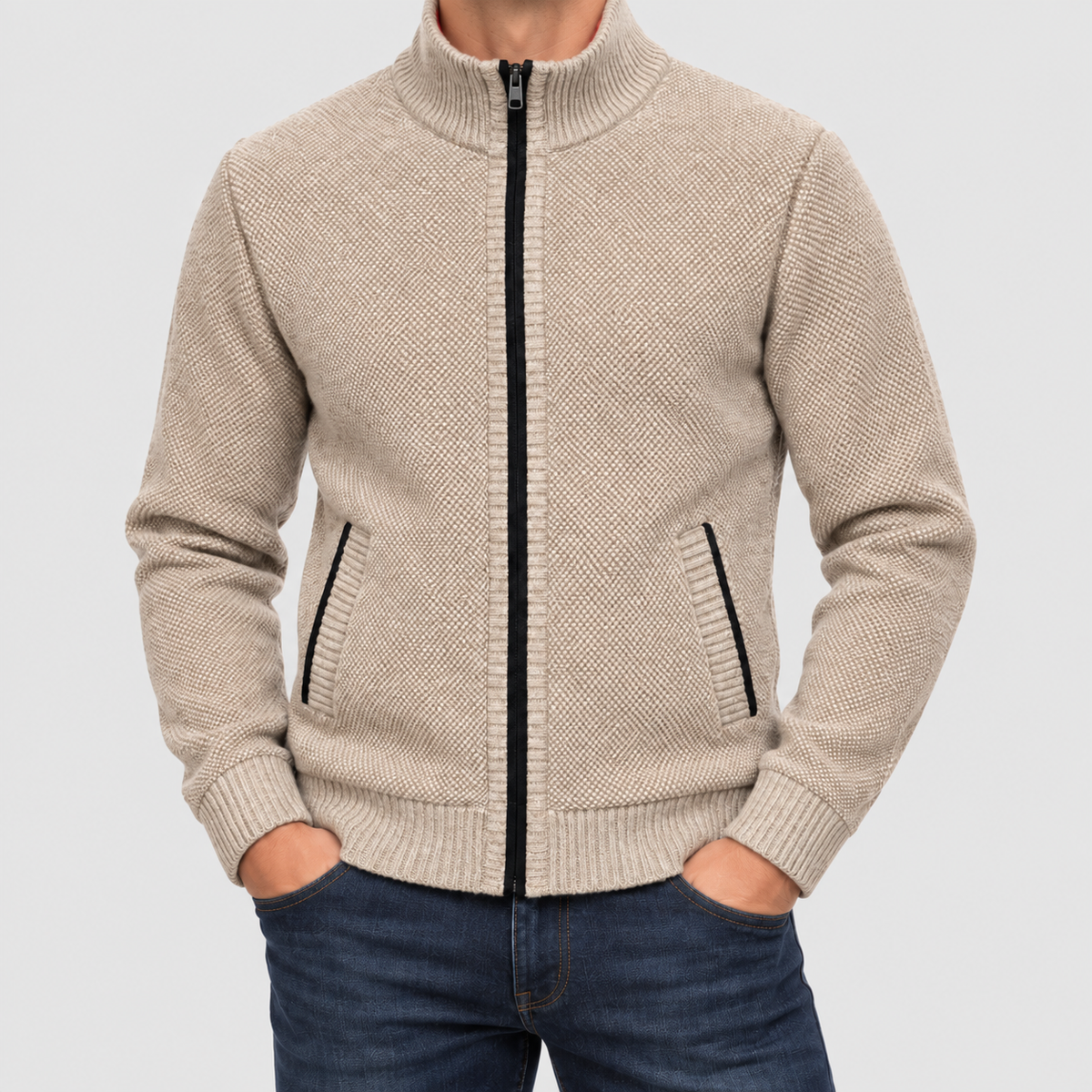 Owen | Men’s Full-Zip Lined Cardigan — Beige