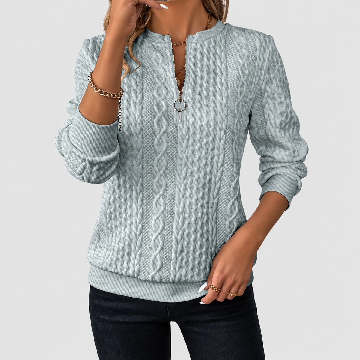Gabriella-Claire | Women’s Textured Quarter-Zip Knit Sweater — Grey