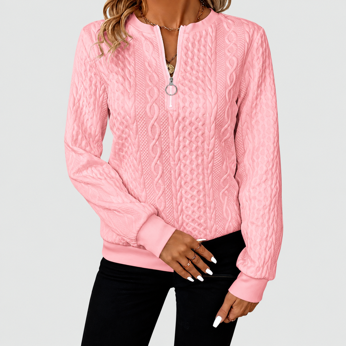 Gabriella-Claire | Women’s Textured Quarter-Zip Knit Sweater — Pink