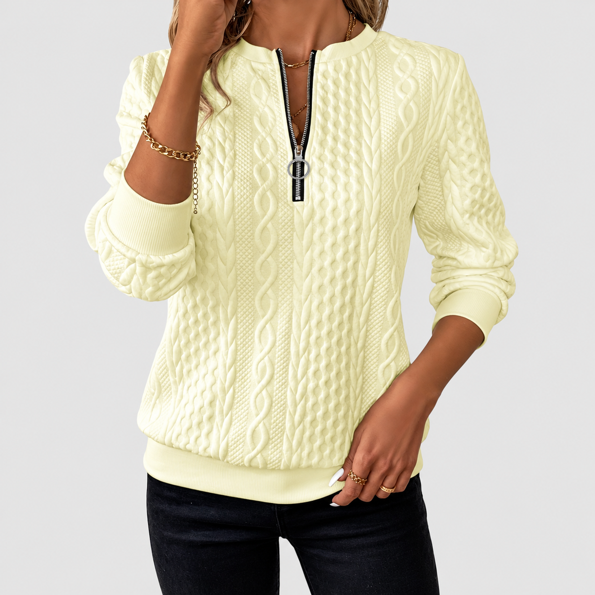Gabriella-Claire | Women’s Textured Quarter-Zip Knit Sweater — Yellow
