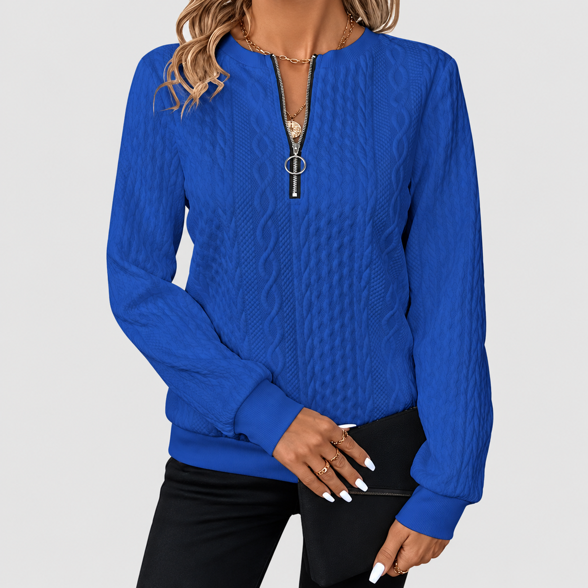 Gabriella-Claire | Women’s Textured Quarter-Zip Knit Sweater — Blue