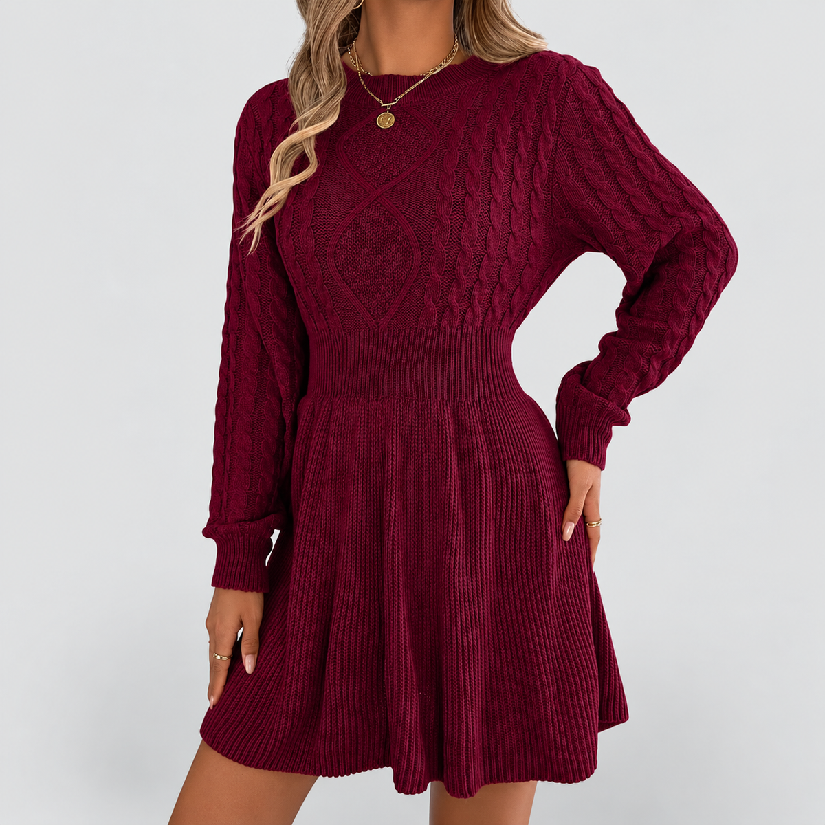 Gemma | Women’s Cable-Knit Fit-and-Flare Sweater Dress — Wine
