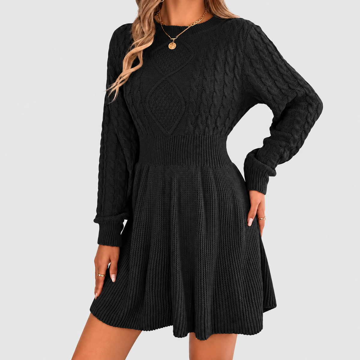 Gemma | Women’s Cable-Knit Fit-and-Flare Sweater Dress — Black