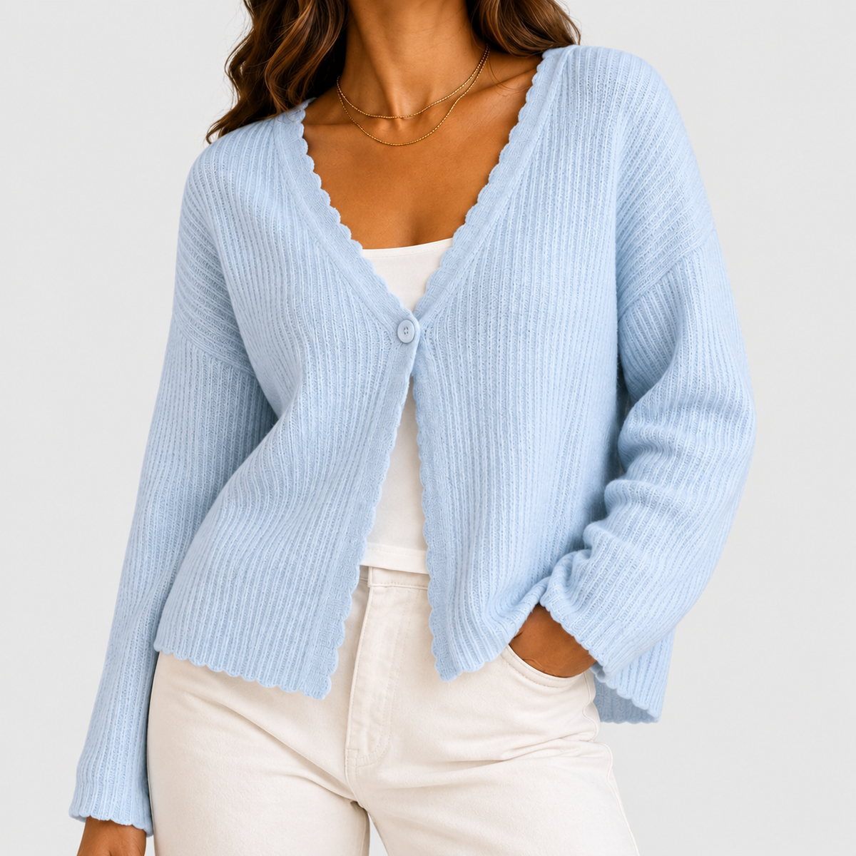 Genevieve | Women’s Scallop-Trim V-Neck Single-Button Knit Cardigan — Blue