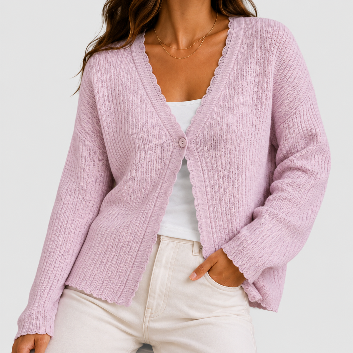 Genevieve | Women’s Scallop-Trim V-Neck Single-Button Knit Cardigan — Pink