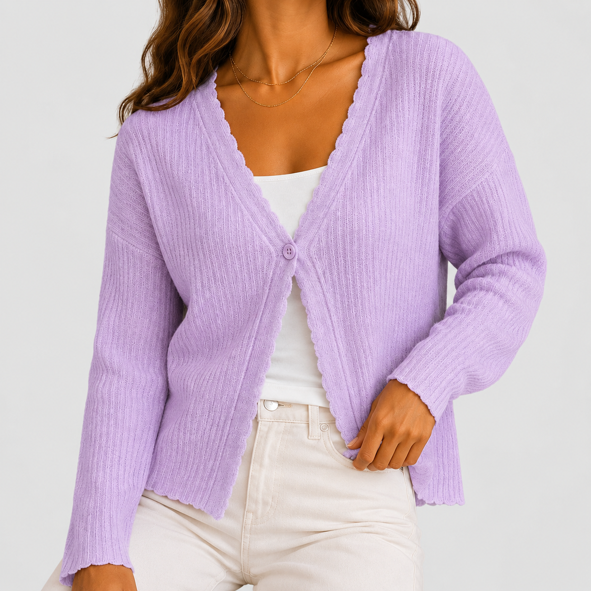 Genevieve | Women’s Scallop-Trim V-Neck Single-Button Knit Cardigan — Purple