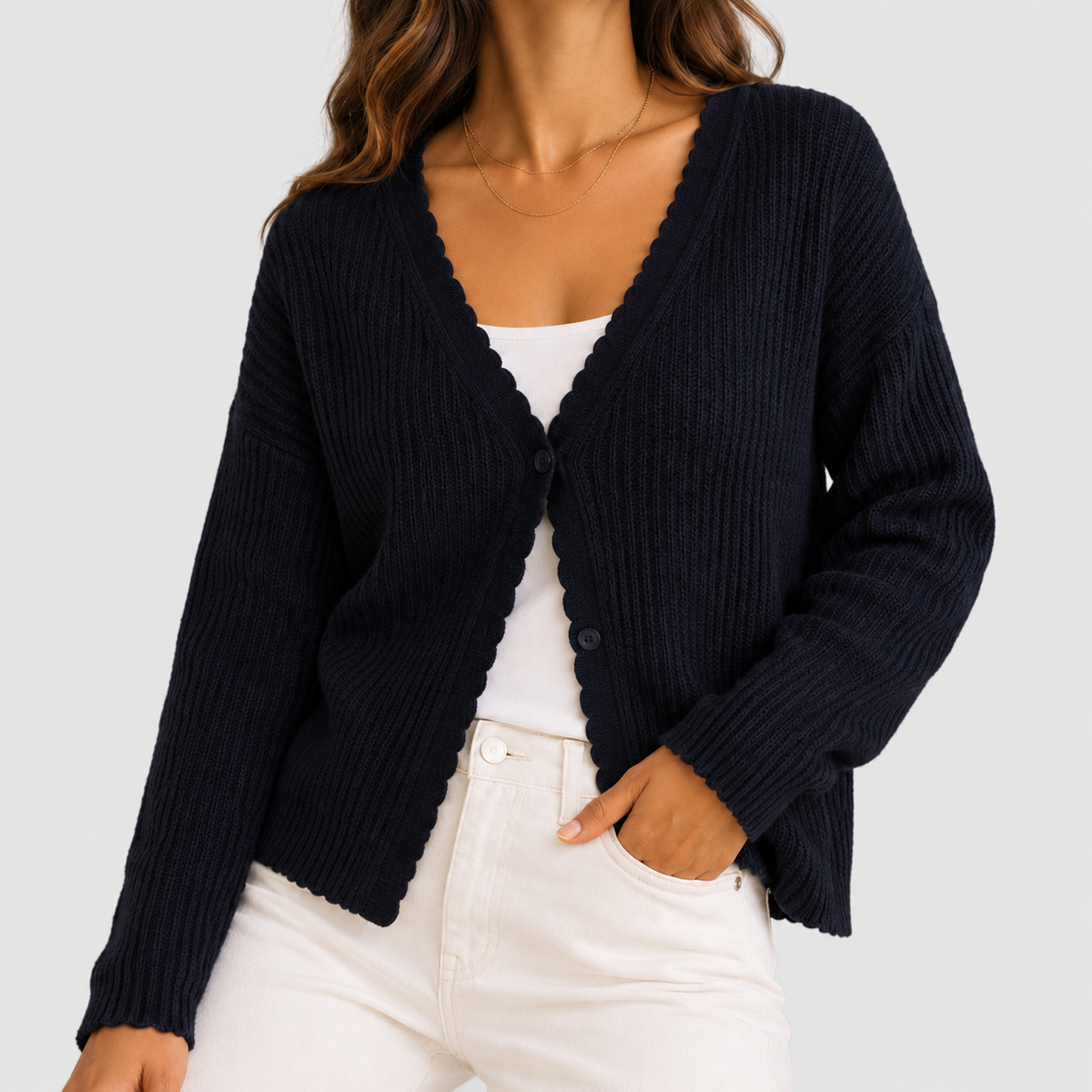 Genevieve | Women’s Scallop-Trim V-Neck Single-Button Knit Cardigan — Navy