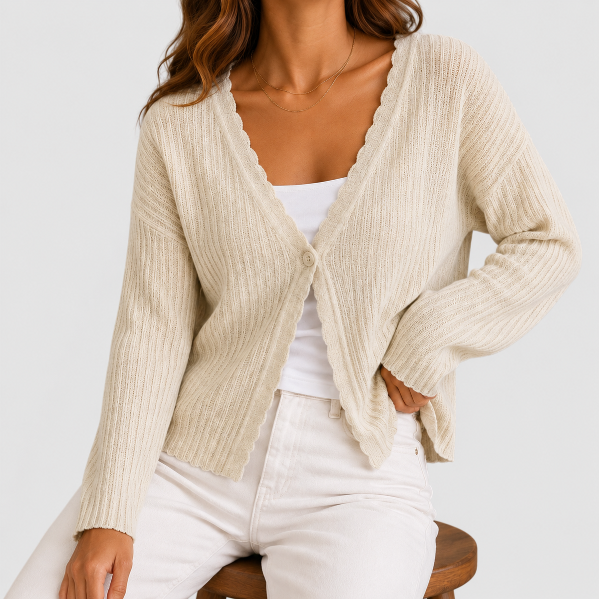 Genevieve | Women’s Scallop-Trim V-Neck Single-Button Knit Cardigan — Beige