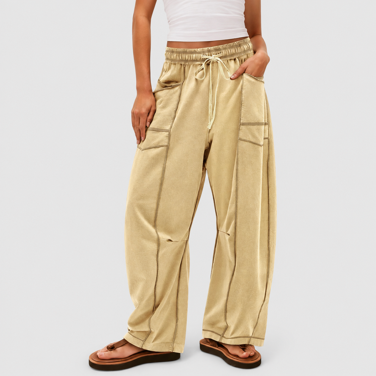 Georgiana | Women’s Wide-Leg Drawstring Pants — Khaki