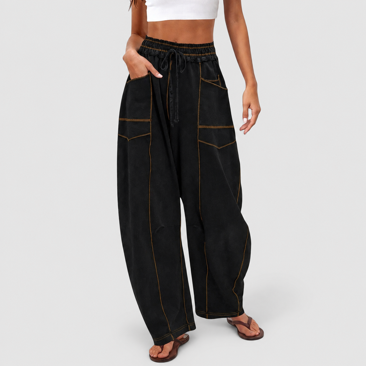Georgiana | Women’s Wide-Leg Drawstring Pants — Black
