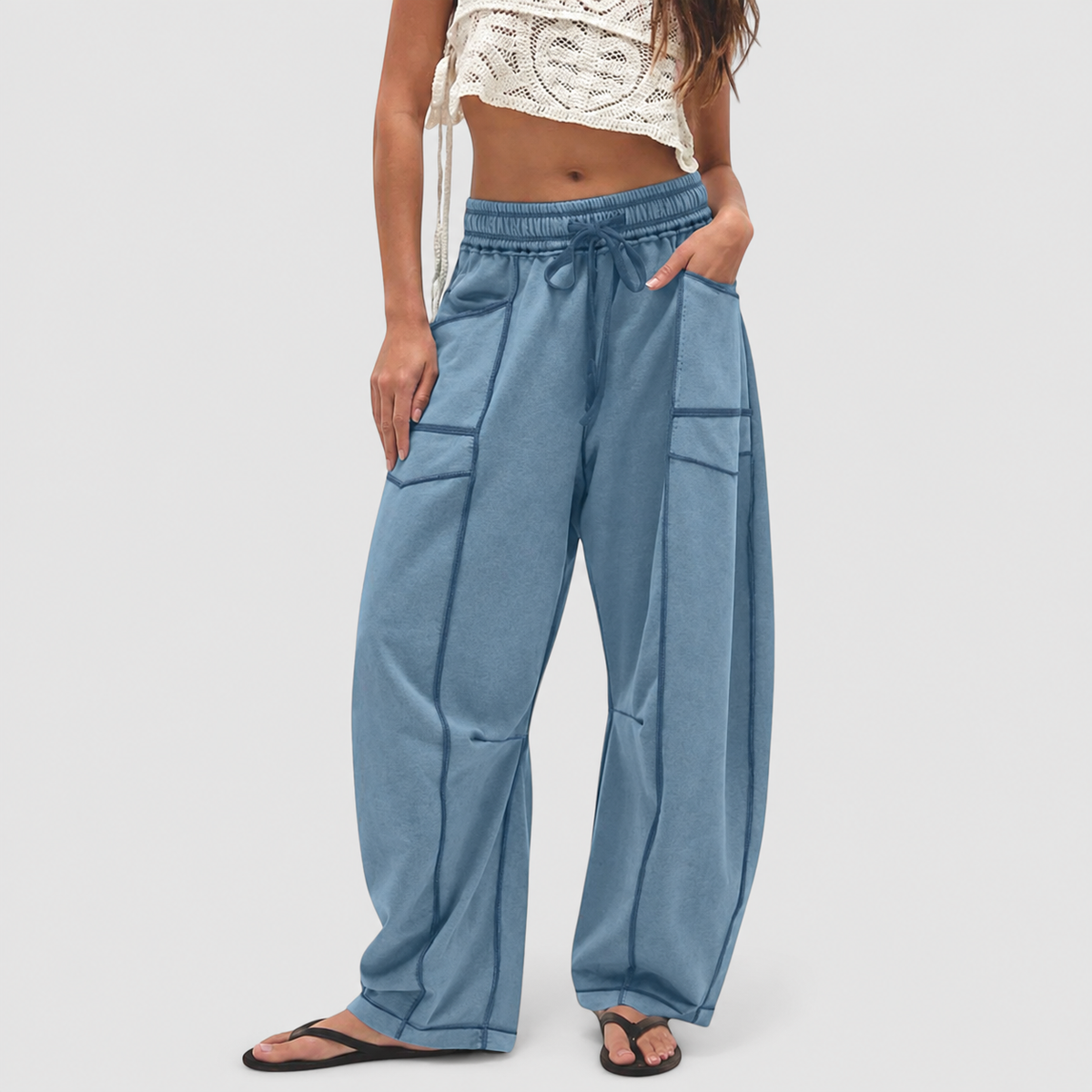 Georgiana | Women’s Wide-Leg Drawstring Pants — Blue