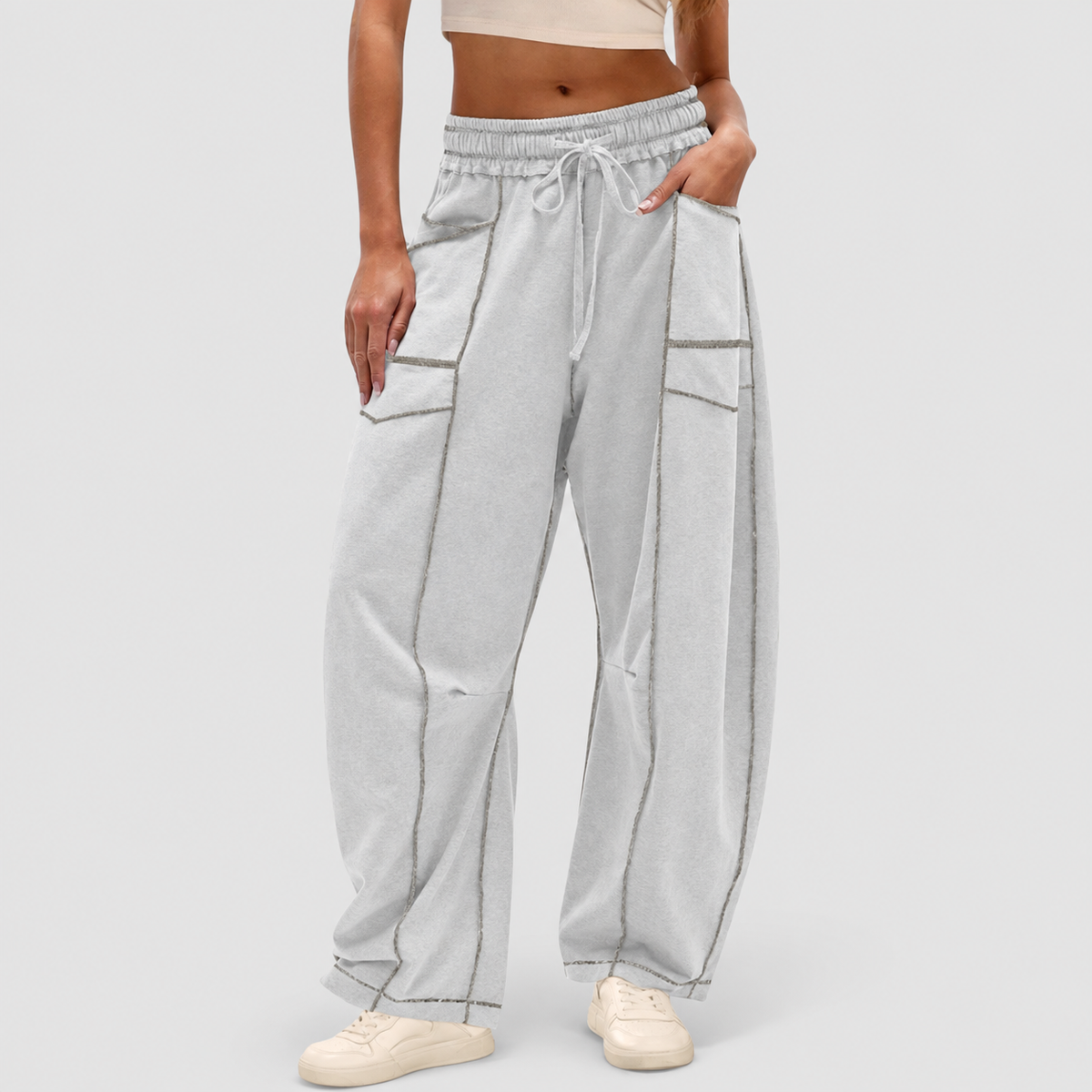Georgiana | Women’s Wide-Leg Drawstring Pants — Grey