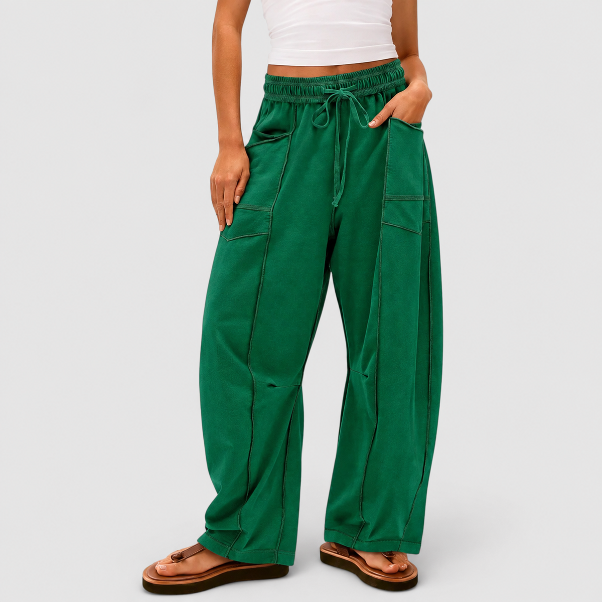 Georgiana | Women’s Wide-Leg Drawstring Pants — Green