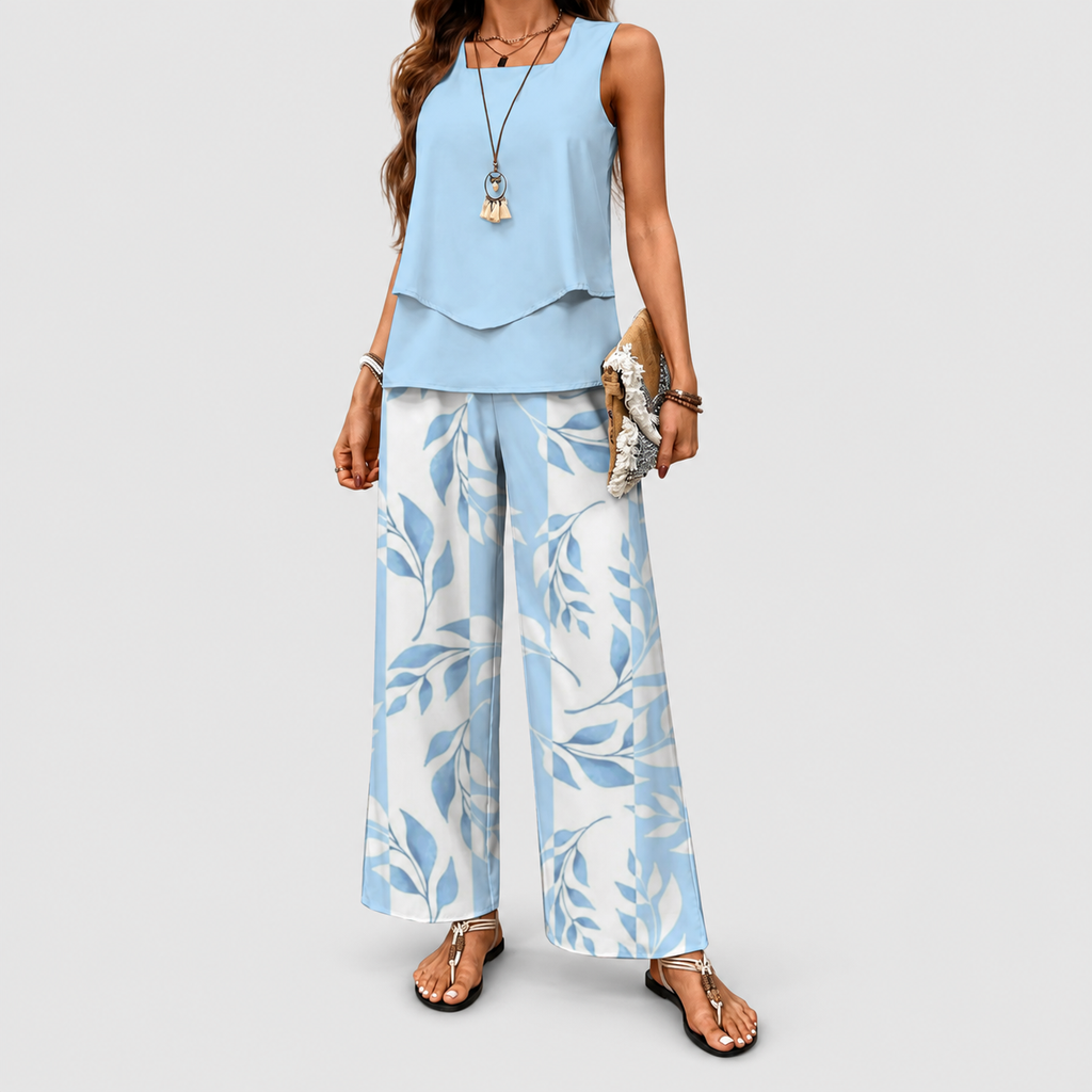 Georgina | Women’s Two-Piece Blouse and Wide-Leg Pants Set — Blue