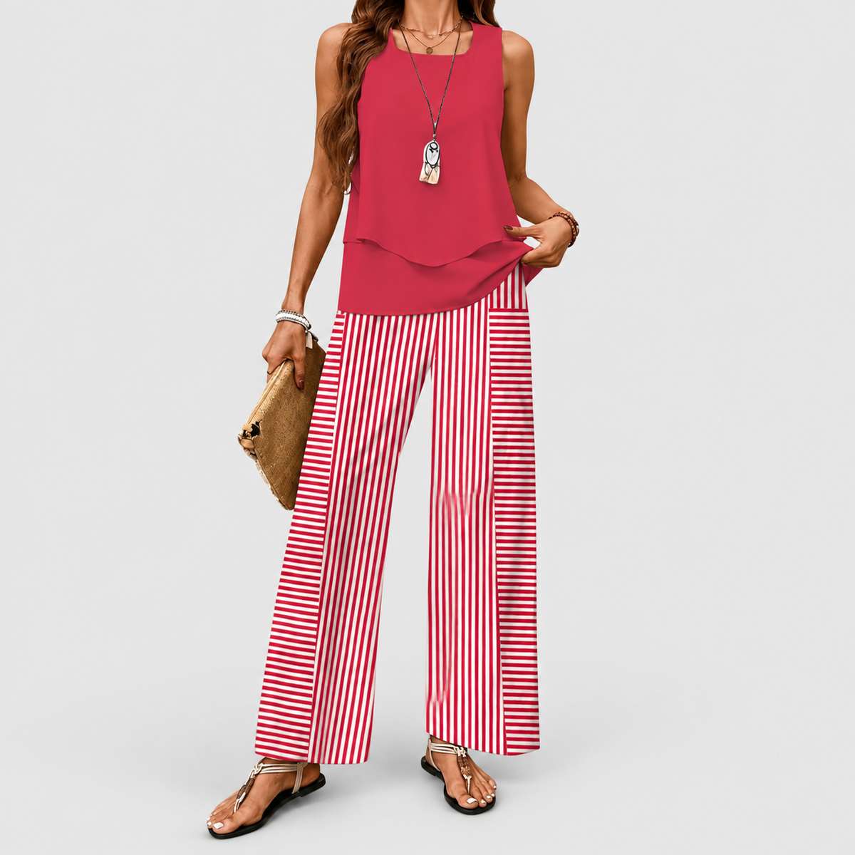 Georgina | Women’s Two-Piece Blouse and Wide-Leg Pants Set — Red