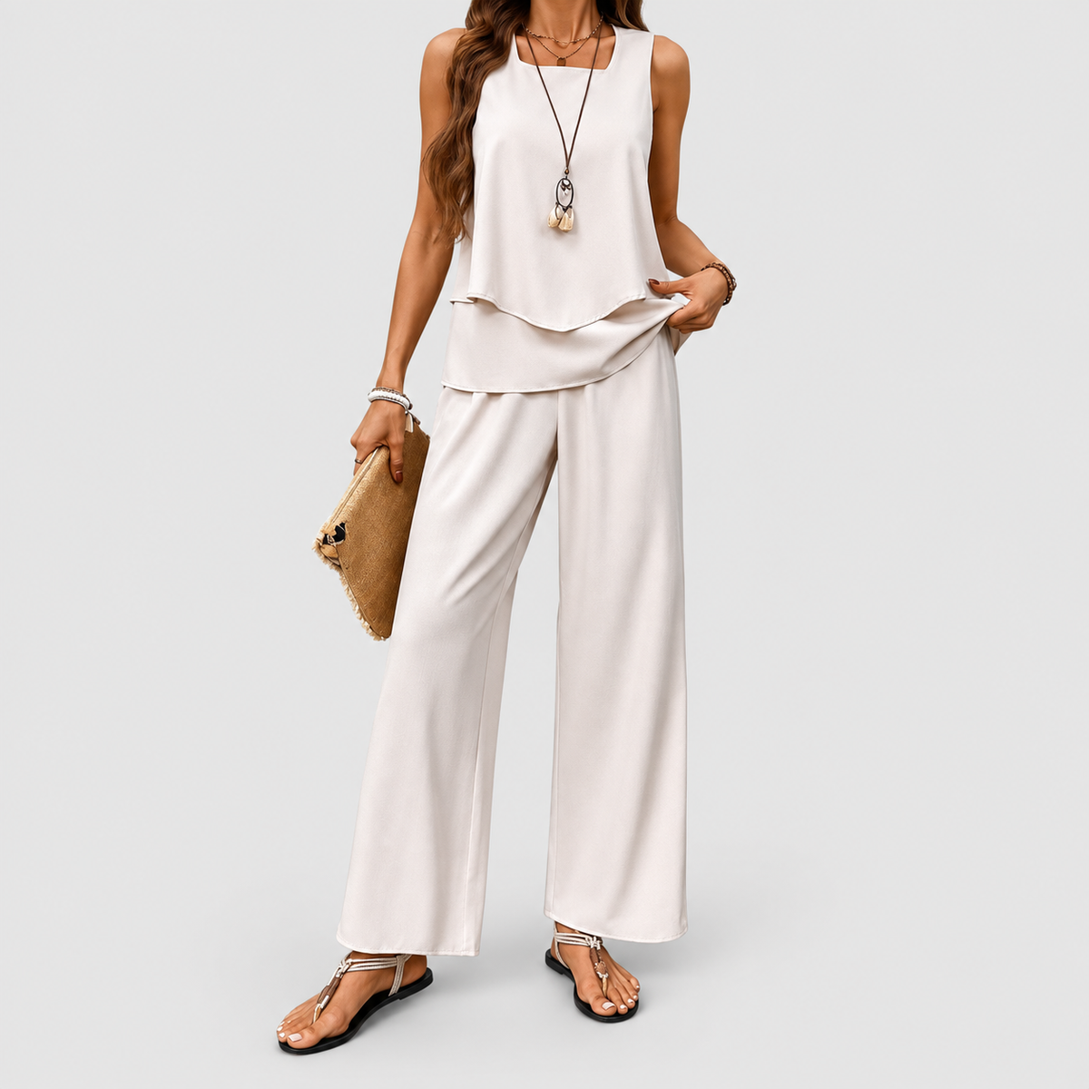 Georgina | Women’s Two-Piece Blouse and Wide-Leg Pants Set — Beige