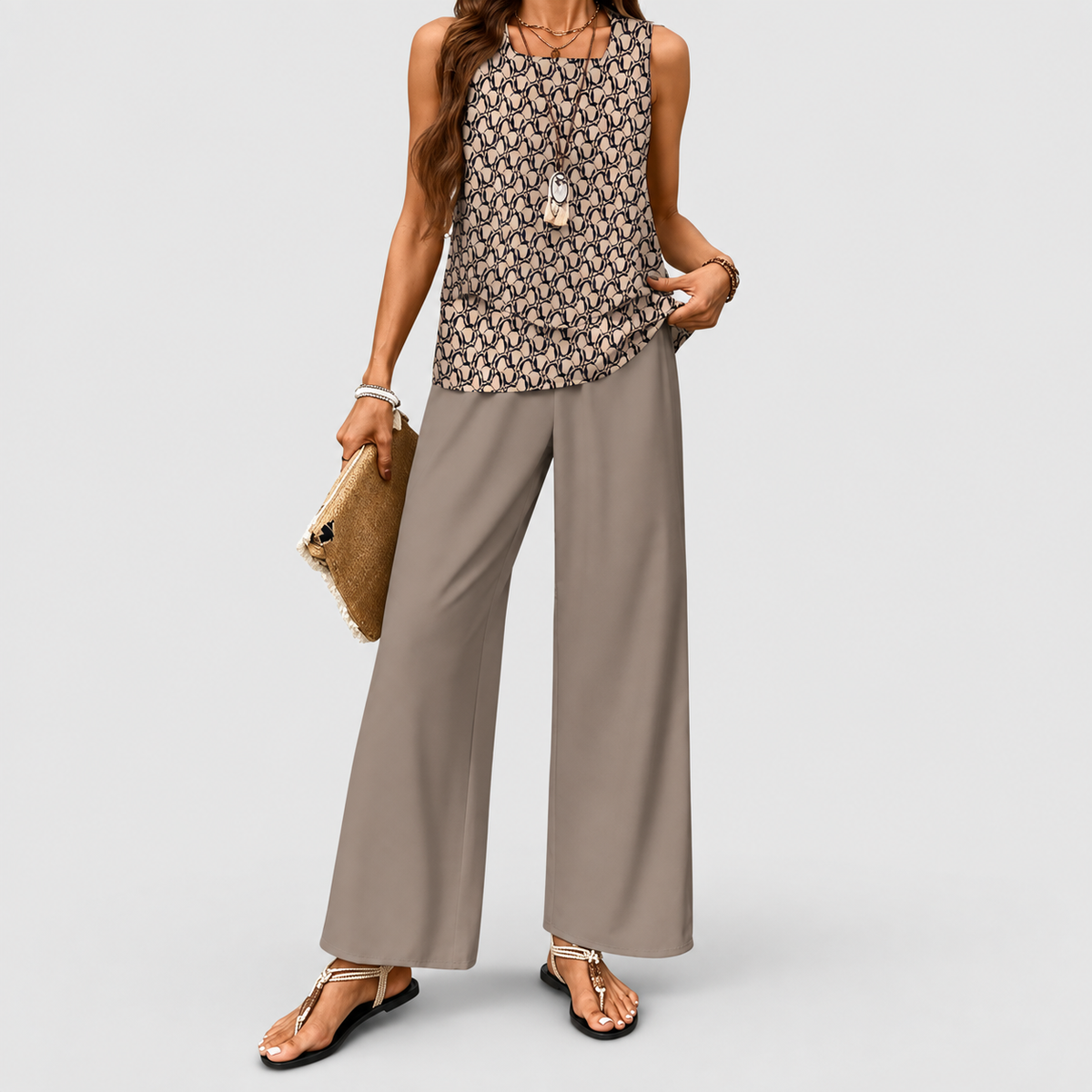 Georgina | Women’s Two-Piece Blouse and Wide-Leg Pants Set — Brown