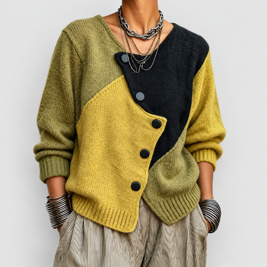 Ginevra-May | Women’s Colour-Block Asymmetric Button Cardigan — Olive Green
