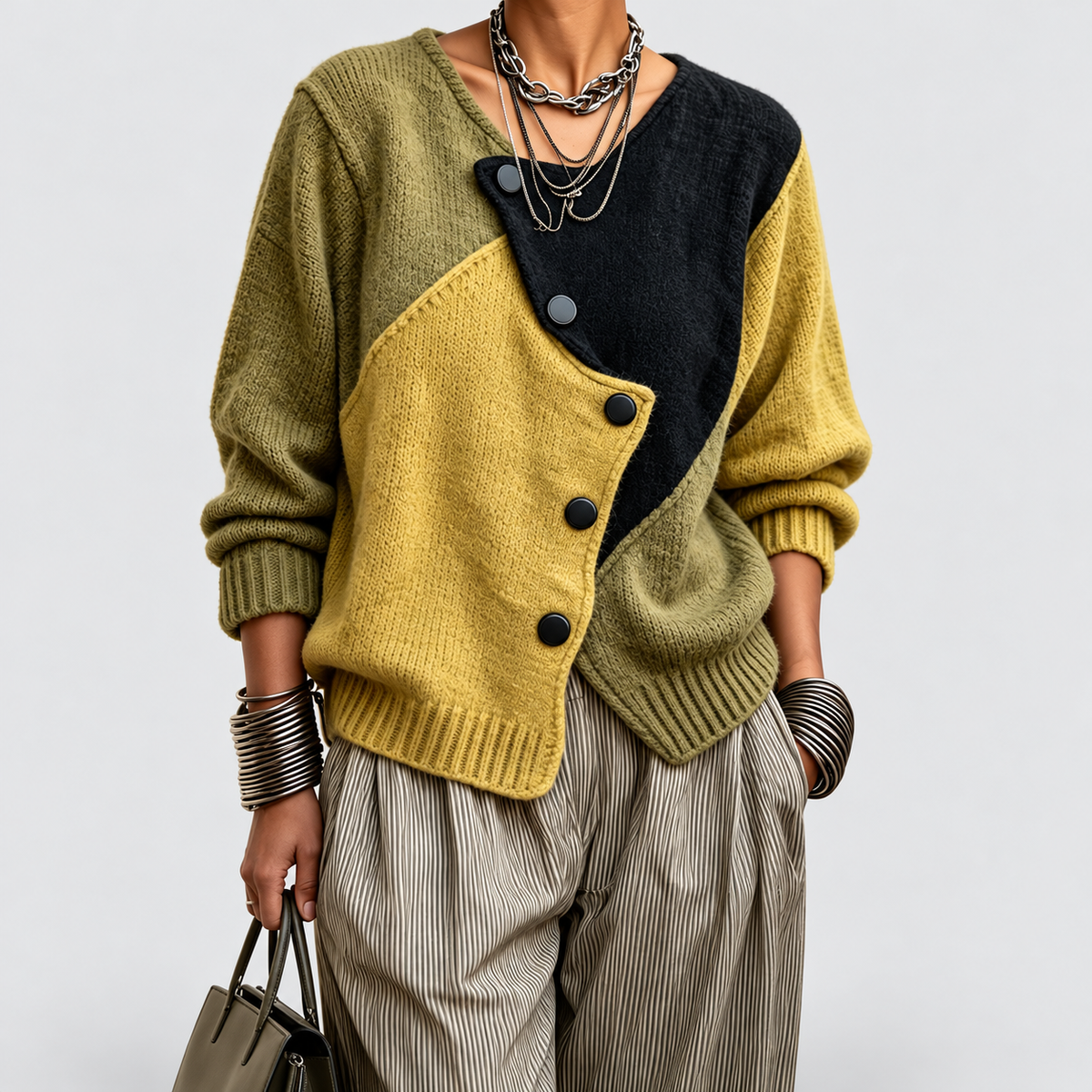 Ginevra-May | Women’s Colour-Block Asymmetric Button Cardigan — product detail 2