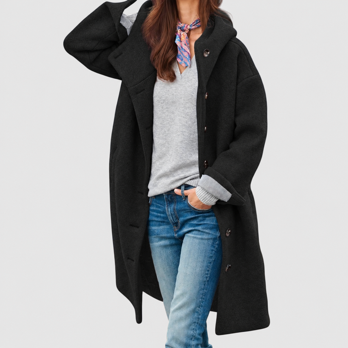 Ginevra-Rose | Women’s Hooded Long Button-Front Coat — Black