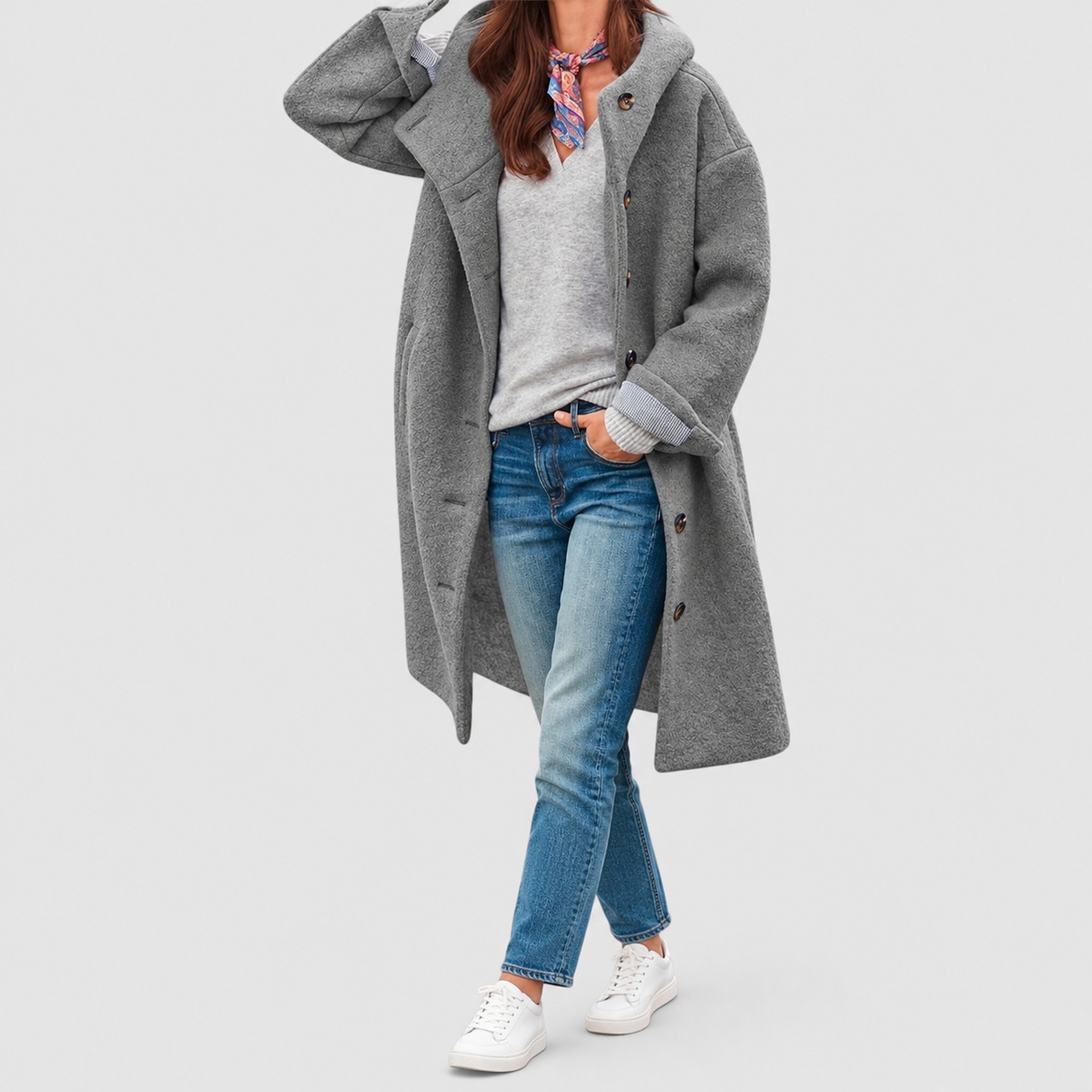 Ginevra-Rose | Women’s Hooded Long Button-Front Coat — Grey