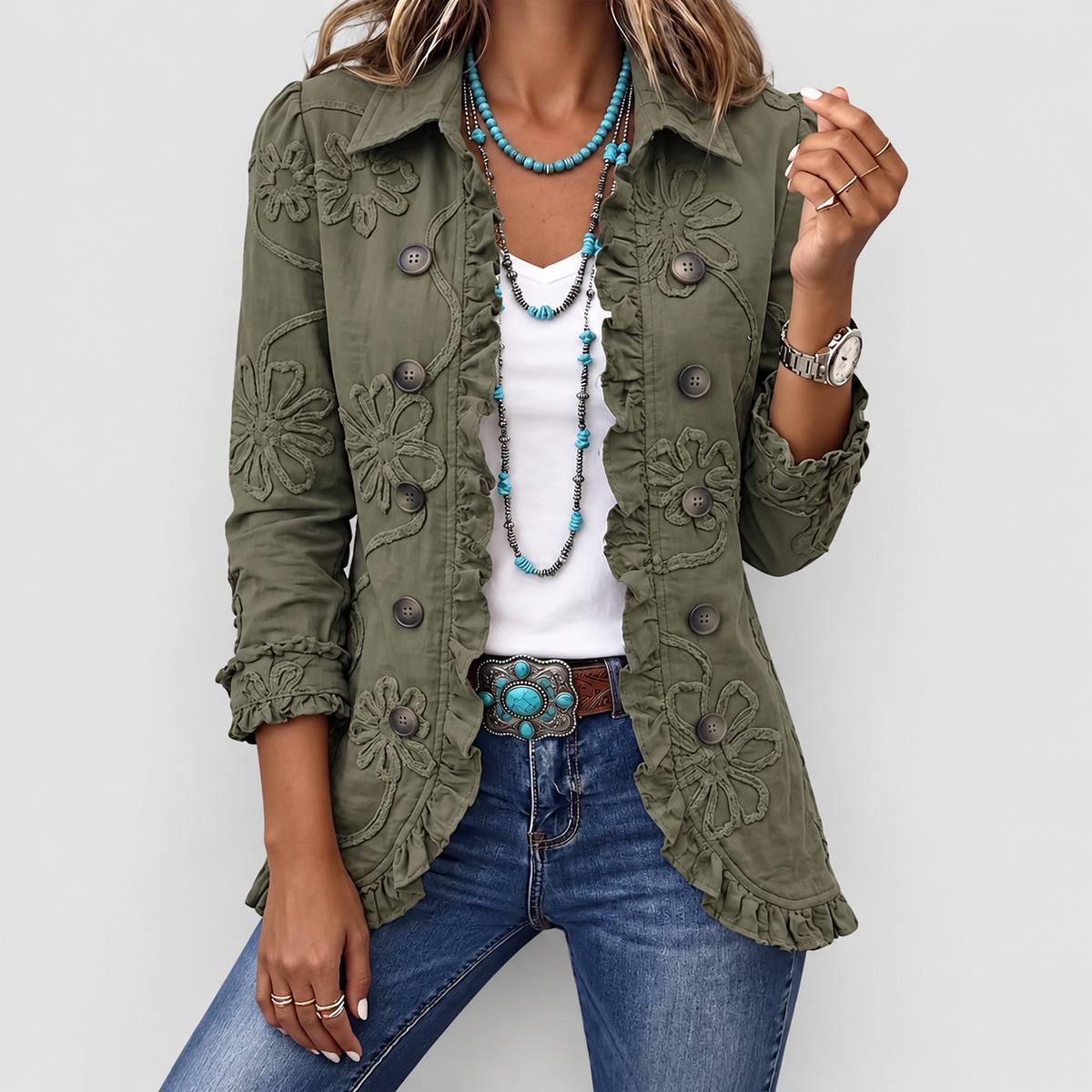 Ginevra | Women’s Floral-Embroidered Utility Jacket with Ruffled Trim — product detail 1