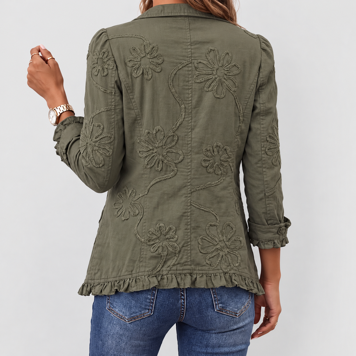 Ginevra | Women’s Floral-Embroidered Utility Jacket with Ruffled Trim — product detail 2