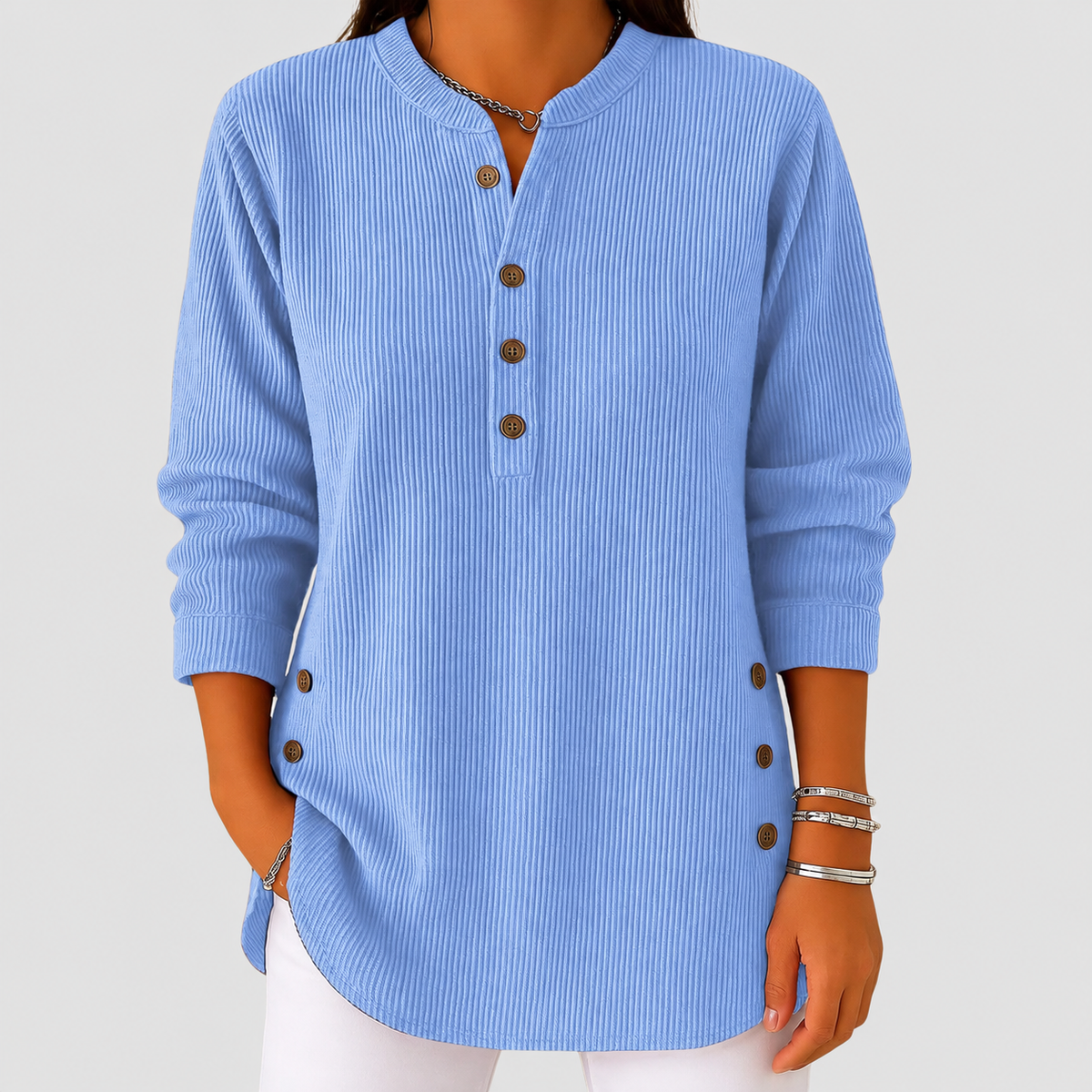 Gwendolyn-Claire | Women’s Ribbed Button-Placket Pullover — Blue
